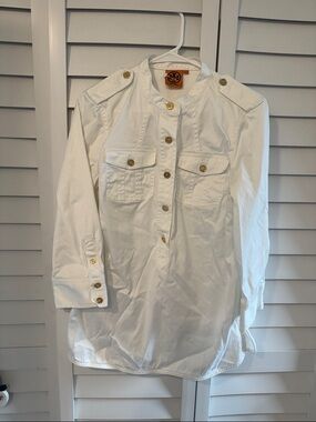 Tory Burch White Cotton Button-Front Utility Blouse with Gold Buttons